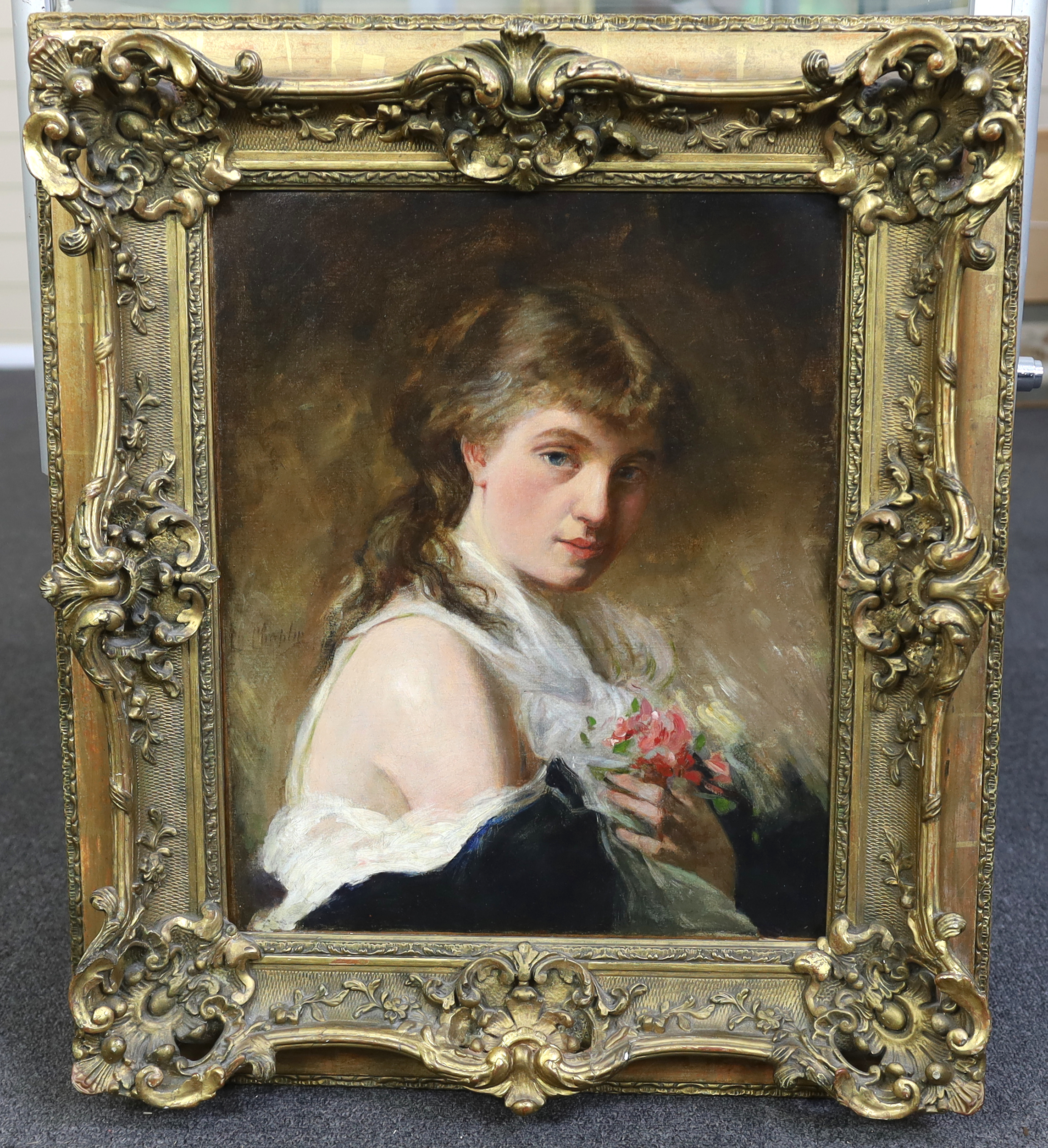 Charles Joshua Chaplin (French, 1825-1891), Portrait of a young beauty holding a bouquet of flowers, oil on canvas, 45 x 37cm